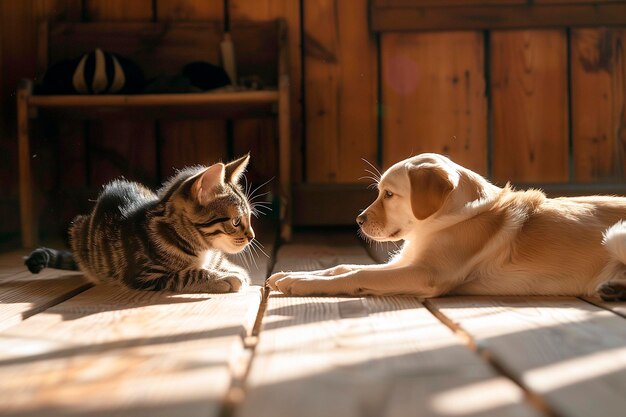 Photo un chat et un chien se regardent.