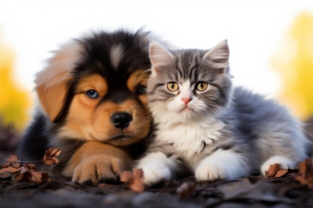 Le chat et le chien se tenaient paisiblement l'un à côté de l'autre une scène tranquille