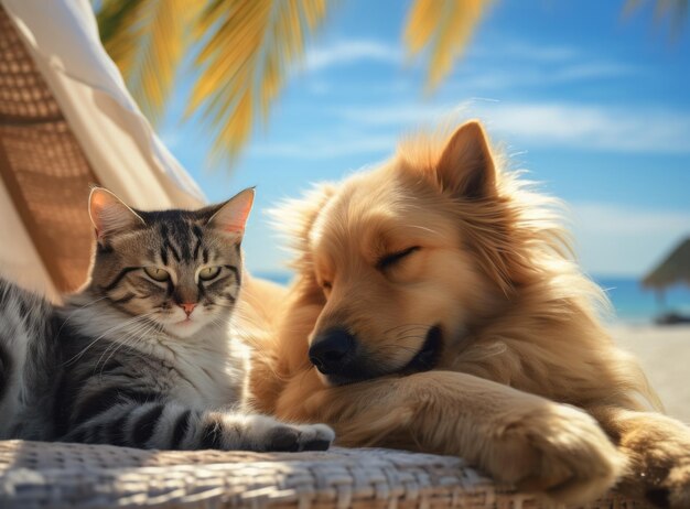 Un chat et un chien sont allongés sur une chaise de plage avec des palmiers et un ciel bleu en arrière-plan