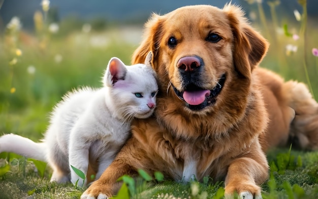 un chat et un chien sont assis dans l'herbe avec un chat.