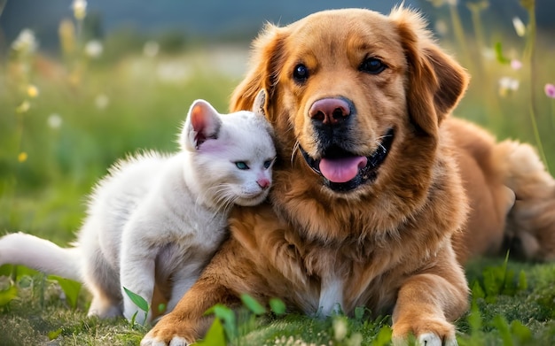 un chat et un chien sont assis dans l'herbe, l'un d'eux tient un chat.