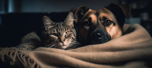 Un chat et un chien sont ensemble sur une couverture.