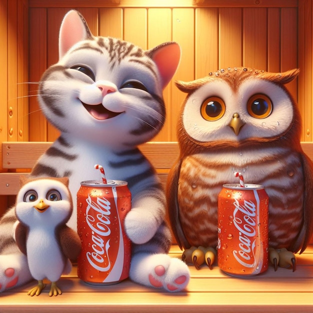 Un chat et une chouette buvant du coca-cola dans un sauna en 3D.