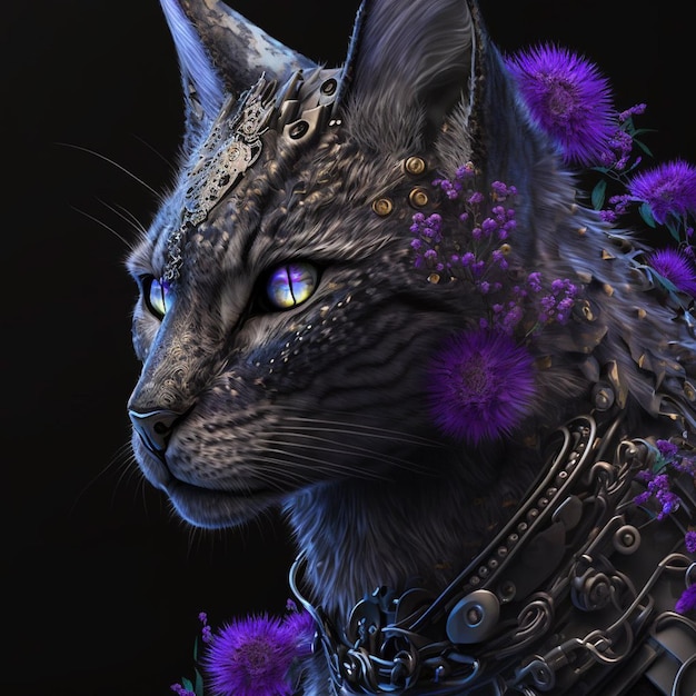 Un chat avec un collier et une fleur violette dessus