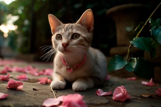 Un chat avec un collier rose est assis sur le sol avec des pétales roses dessus.