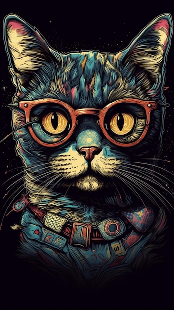 Un chat avec un collier rouge et des lunettes qui disent "chat" dessus