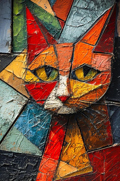 Un chat coloré est peint sur un fond multicolore créant une pièce d'art intéressante et unique