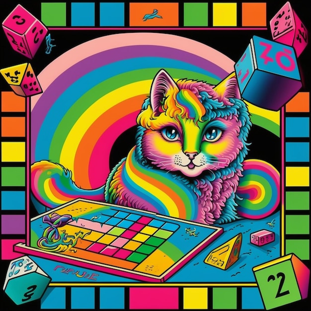 Un chat coloré jouant à un jeu avec des dés et des blocs