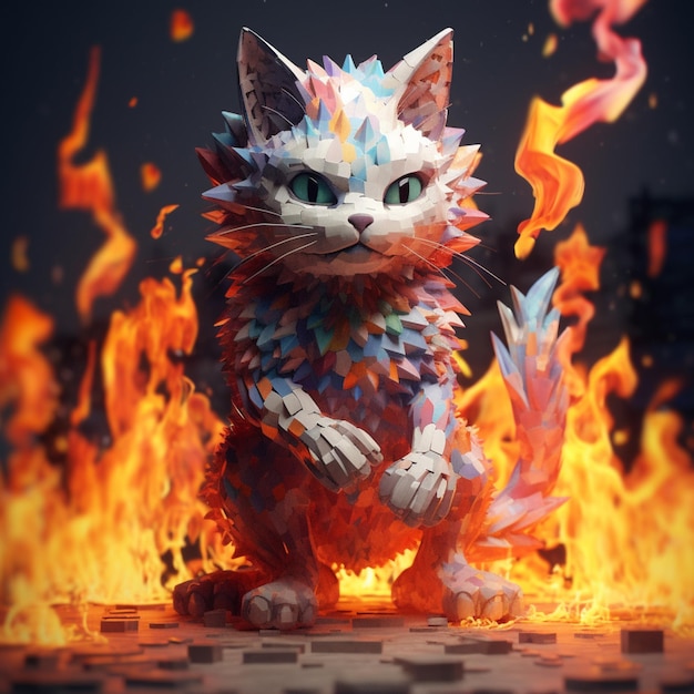 Un chat coloré se tient devant un feu.