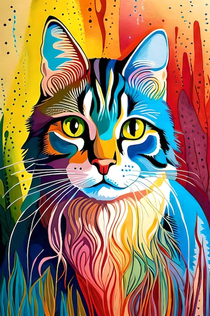 Un chat coloré avec un visage de couleur arc-en-ciel.