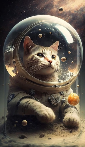 Un chat en combinaison spatiale porte un casque.