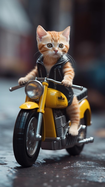 Un chat conduit une moto portant une veste qui dit "chat"