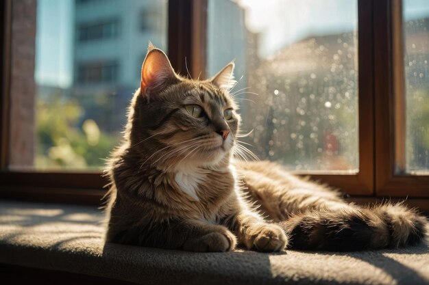 Un chat content allongé dans une fenêtre ensoleillée