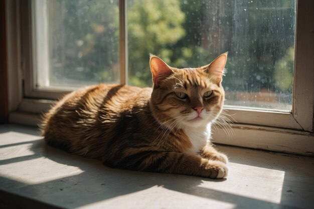 Un chat content allongé dans une fenêtre ensoleillée