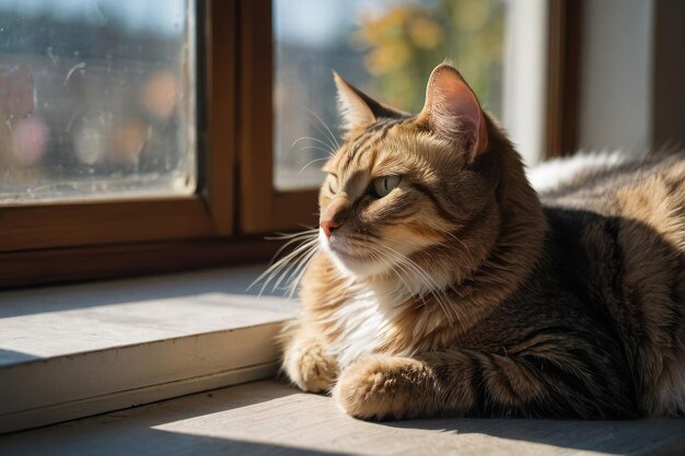 Un chat content allongé dans une fenêtre ensoleillée