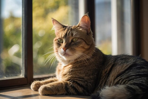 Un chat content allongé dans une fenêtre ensoleillée