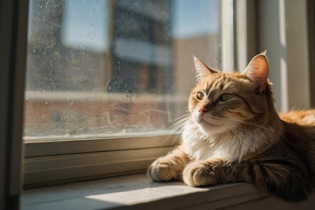 Un chat content allongé dans une fenêtre ensoleillée