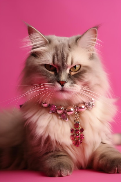 Chat cool avec collier sur fond rose Apparence à la mode être à la mode Style et mode Accessoires de bijoux pour animaux de compagnie élégants AI générative