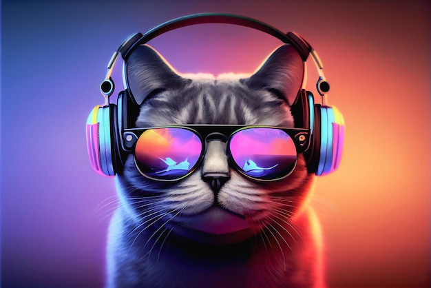 Un chat cool avec des lunettes et un microphone et des écouteurs chante des chansons et écoute de la musique au néon