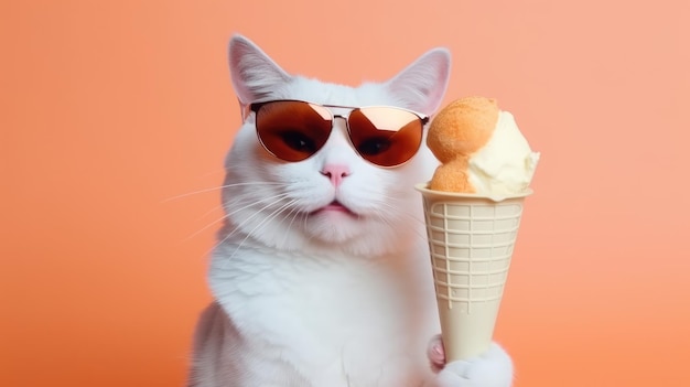 Un chat cool avec des lunettes de soleil qui lèche de la crème glacée.