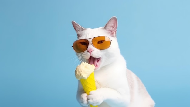 Un chat cool avec des lunettes de soleil qui lèche de la crème glacée.