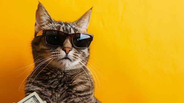 Photo un chat cool portant des lunettes de soleil tient un paquet d'argent le chat est assis sur un fond jaune et regarde la caméra