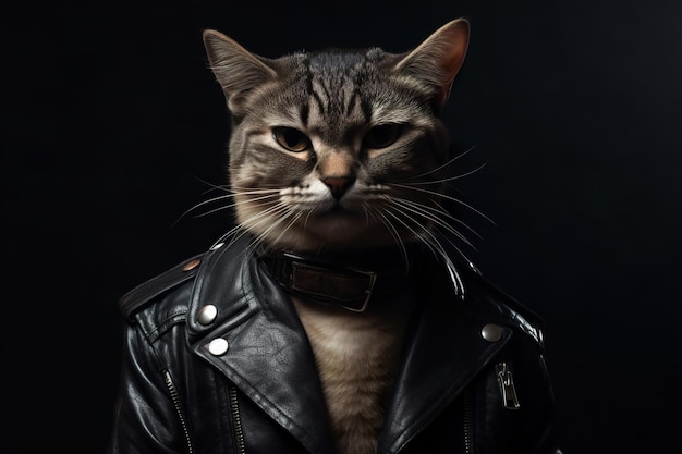 Chat cool avec une veste en cuir sur fond noir Apparence à la mode être à la mode Style et mode Animal de compagnie élégant Patron de chat animal de compagnie drôle AI générative