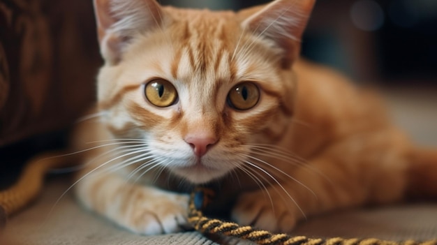 Un chat avec une corde attachée à sa bouche