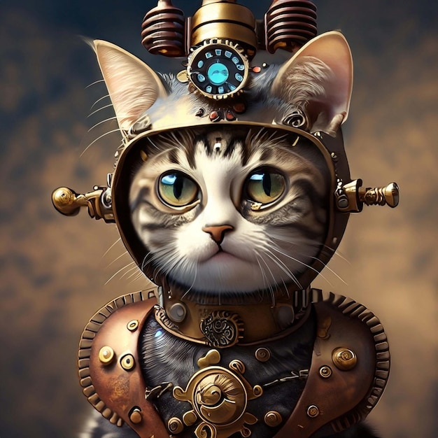 Chat avec un cordon de montre steampunk autour du cou protégeant un coffre-fort Generate Ai