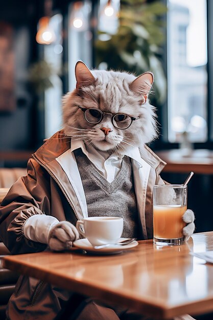 Photo un chat en costume d'affaires boit du café dans un café