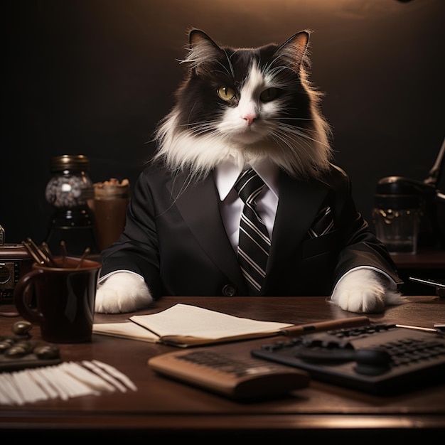 un chat avec un costume assis à un bureau avec une télécommande en arrière-plan.