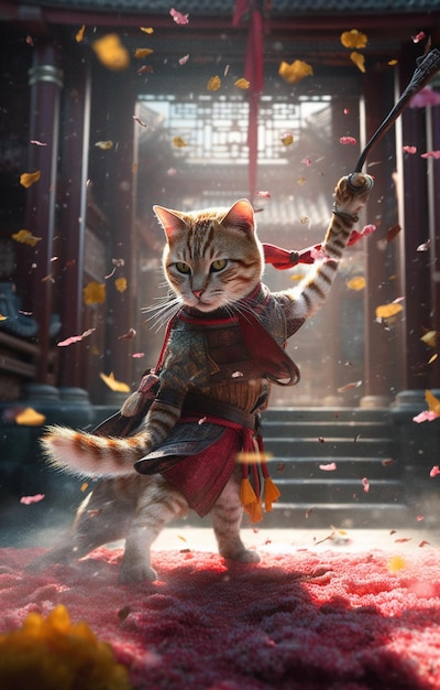 Un chat en costume de samouraï avec une épée à la main.