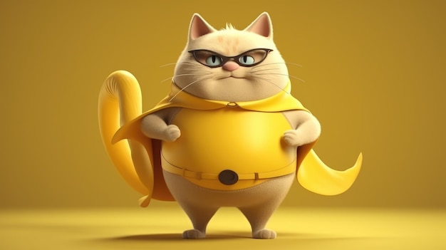 Un chat en costume de super-héros avec un fond jaune.