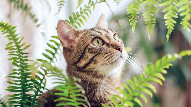 Le chat à côté des feuilles de fougère