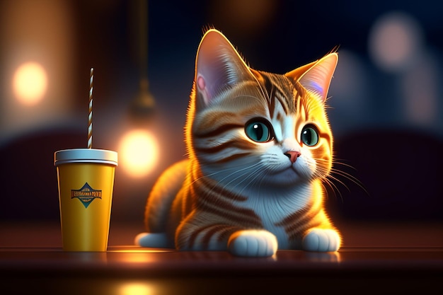 Un chat à côté d'une tasse jaune avec un logo qui dit "le chat"