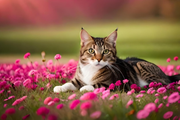 Un chat couché dans un champ de fleurs