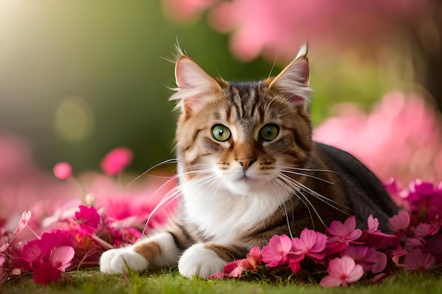 Un chat couché dans un champ de fleurs