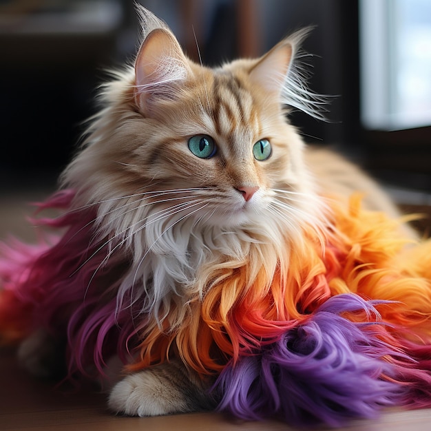 Le chat de couleur arc-en-ciel est assis