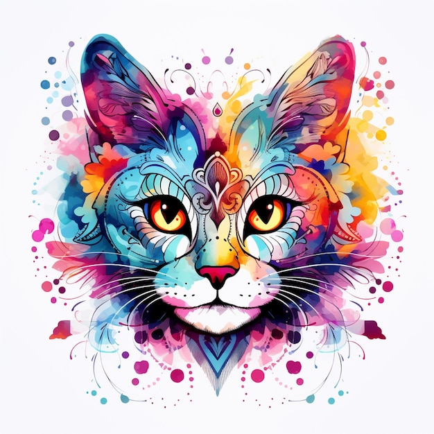 un chat de couleurs vives avec des yeux brillants et un visage coloré