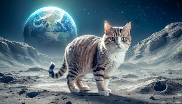 Un chat courageux et solitaire marche sur la lune Un chat de l'espace