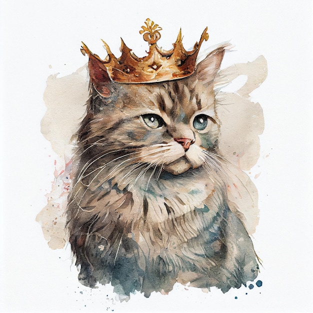 Un chat avec une couronne dorée sur la tête est représenté.