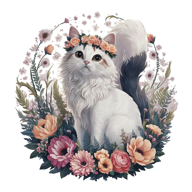 un chat avec une couronne de fleurs sur sa tête est représenté dans un cadre floral