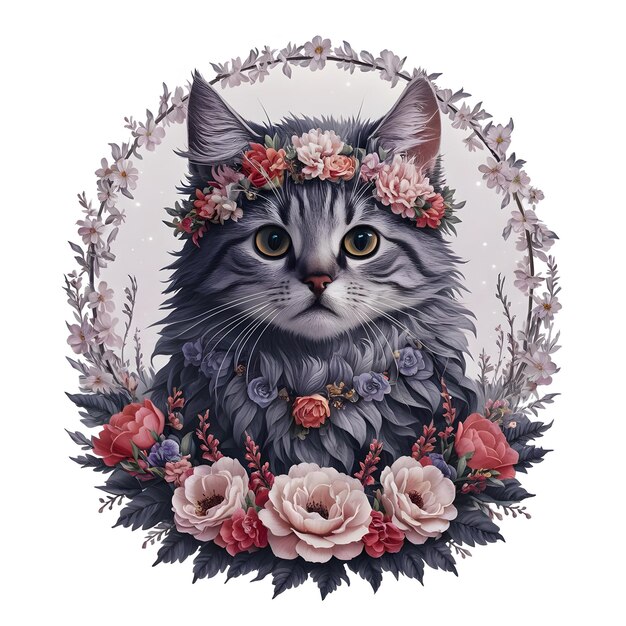 un chat avec une couronne de fleurs sur sa tête est représenté dans un cadre floral