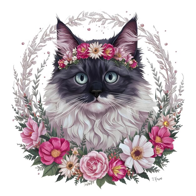 Photo un chat avec une couronne de fleurs sur sa tête est représenté dans un cadre floral