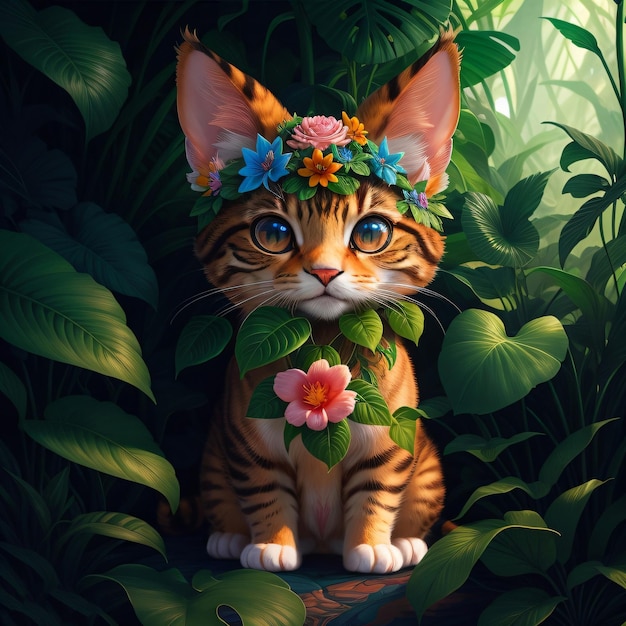 Un chat avec une couronne de fleurs sur la tête est assis dans la jungle.