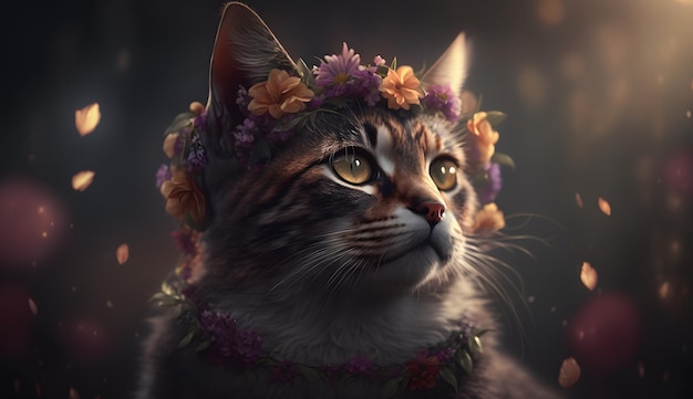 Un chat avec une couronne de fleurs sur la tête