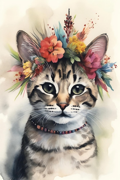 Un chat avec une couronne de fleurs