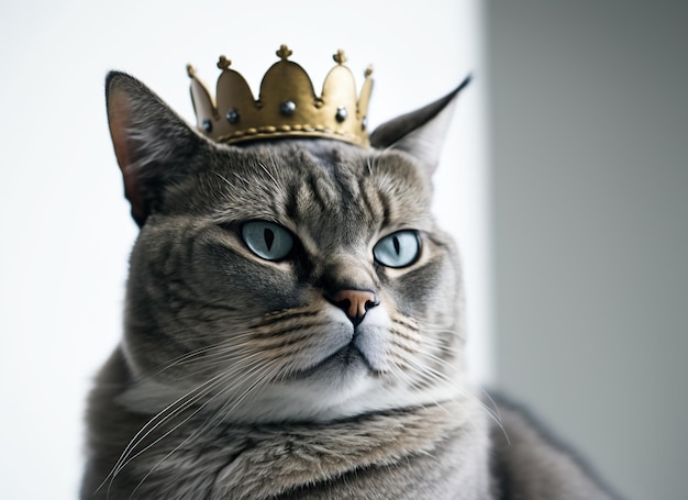 Chat avec une couronne d'or sur fond blanc