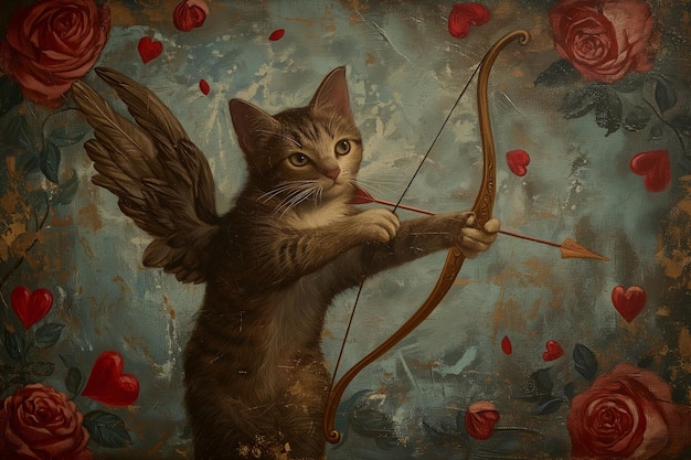 Photo le chat cupid dans un motif de la renaissance romantique tirant des flèches le jour de la saint-valentin