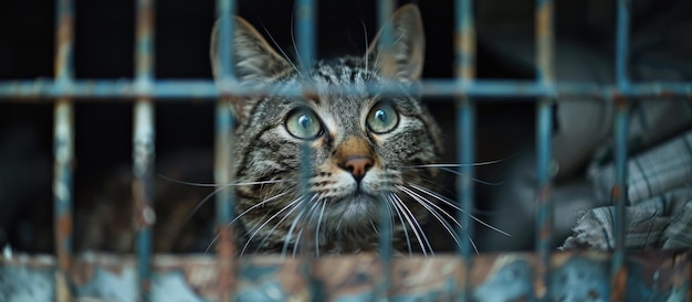 Photo le chat curieux dans la cage